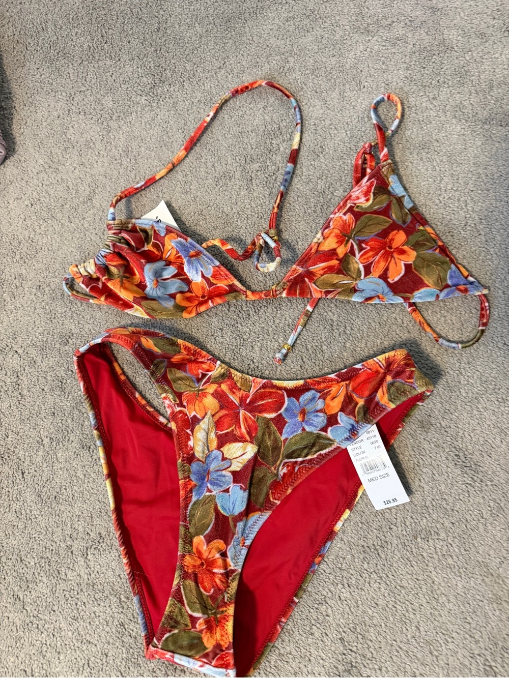 PacSun Floral Velvet Bikini Set in Red, Orange, Blue